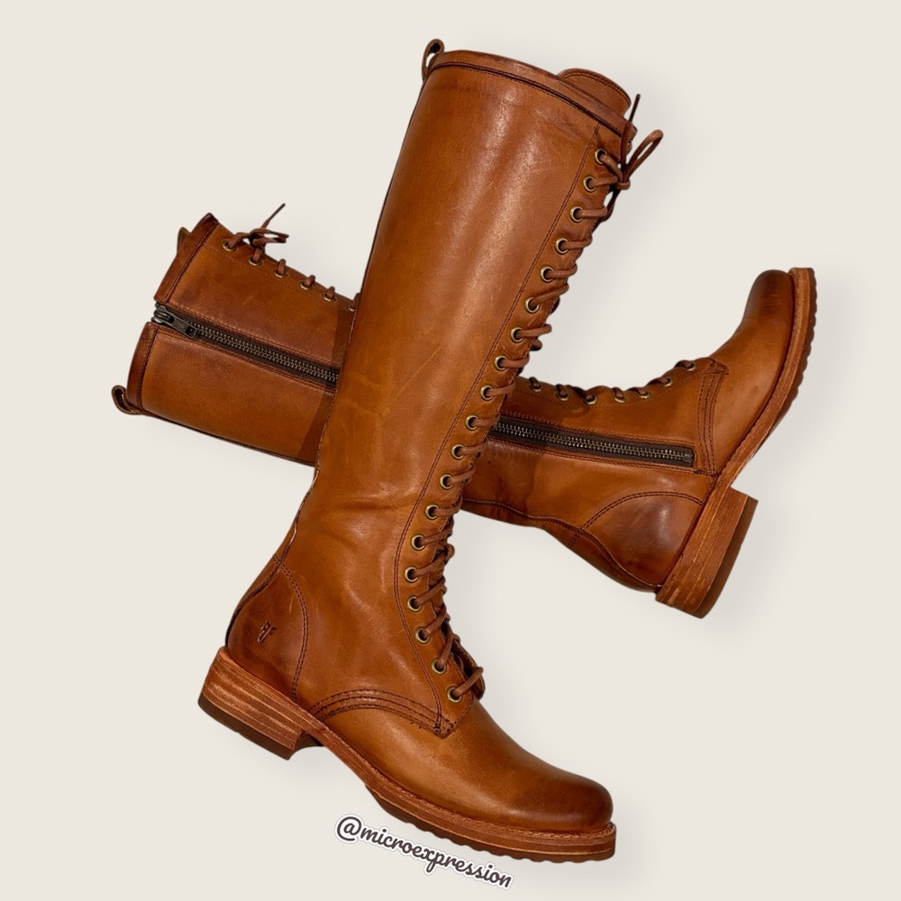 $665 Frye Veronica Tall Cognac Leather Lace Up Knee High Riding Equestrian Boot - Picture 14 of 14